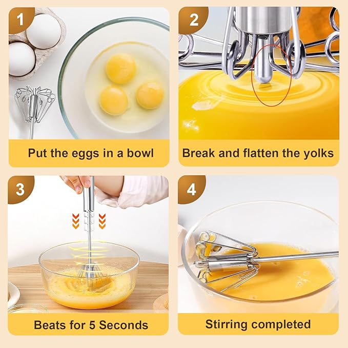 Upgraded Stainless Steel Semi-Automatic Whisk - Easy to Use Whizzy Whisk, Versatile Wisker Tool for Cooking, Kitchen Essential Egg Beater for Baking, Whisking, Beating & Stirring (10in）