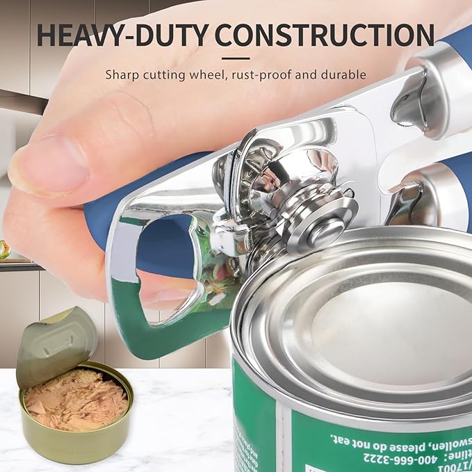 Can Opener Manual, Heavy Duty Stainless Steel Smooth Edge Can Opener With Soft Touch Handle, Oversized Handheld Easy Turn Knob, Multi-Function Bottle Opener, Blue