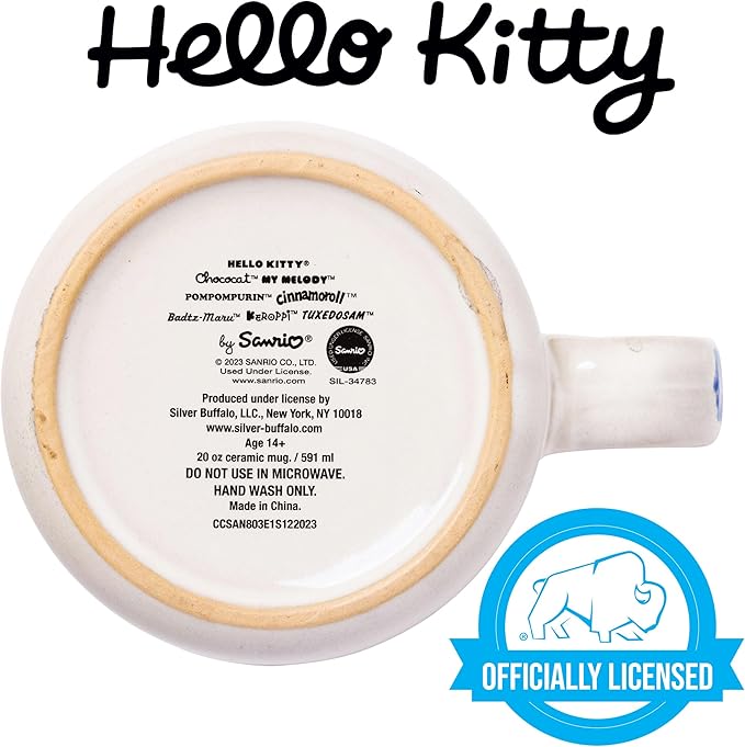 Silver Buffalo Sanrio Hello Kitty and Friends Featuring Chococat, Tuxedo Sam, Badtz-Maru, My Melody, Pompompurin, Keroppi, and Cinnamoroll Reactive Glaze Ceramic Camper Mug, 20 Ounces
