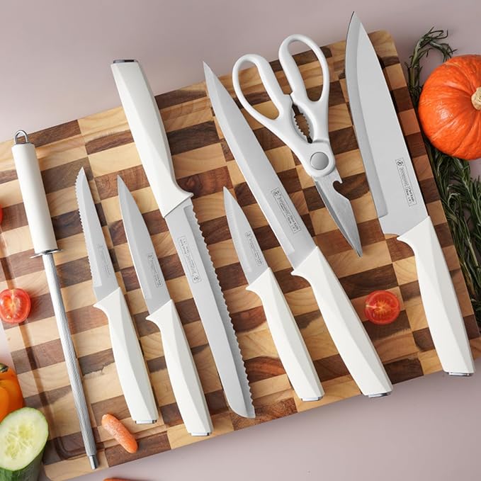 Knife Set, 14-Piece Kitchen Knife Block Set Dishwasher Safe with Wood Block and Sharpener,Non Stick Sharp Stainless Steel Chef Knife Sets for Cooking
