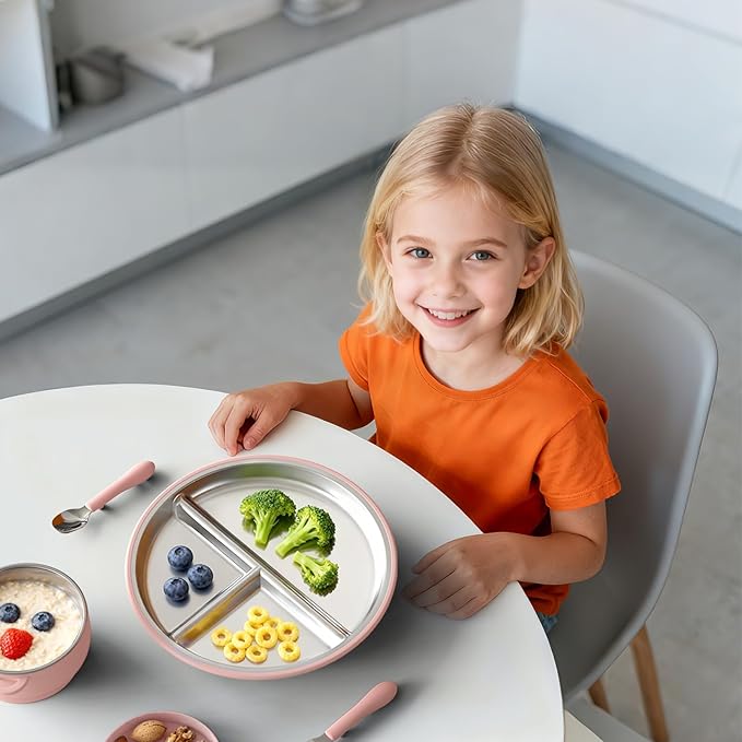 Stainless Steel Suction Plates for Toddlers, 9" Divided Kids Baby Plates with Removable Silicone Suction, Non Toxic Non Slip Portion Control Snack Dishes 3 Packs, Blue Gray Blush