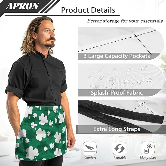 Server Waitress Waist Apron with 3 Pockets, Short Aprons for Servers,Waiter Apron For Waiter Accessories