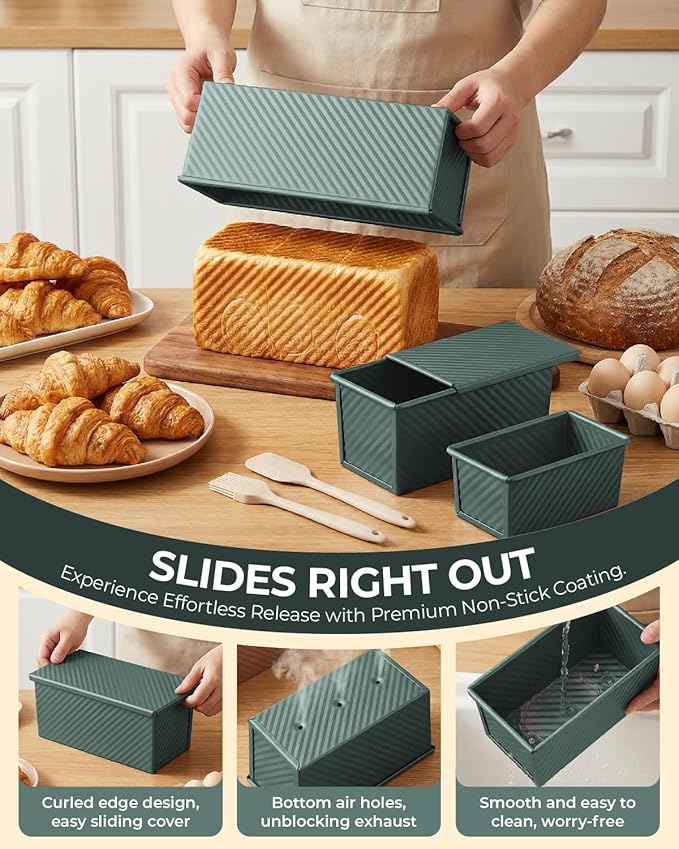 CARTMAN Bread Loaf Pan 2 Pack, 9x4 Pullman Loaf Pan with lid and a Silicone Spatula and Basting Pastry Brush, 1 lb Dough Capacity,Non-Stick Carbon Steel bread pans for homemade bread Sage Green