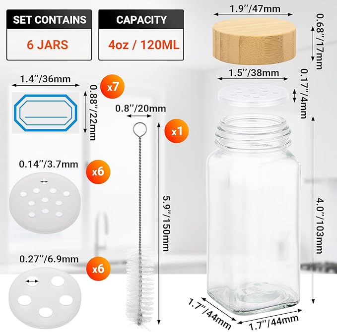 Segarty 4oz Spices Jars with Bamboo Shaker Lids, 6 Pack Square Spice Containers, 120ml Empty Glass Seasoning Organizers Spices Cereal Storage Set, Small Salt and Pepper Shakers, 7 Stickers and 1 Brush