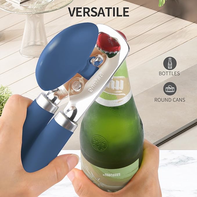 Can Opener Manual, Heavy Duty Stainless Steel Smooth Edge Can Opener With Soft Touch Handle, Oversized Handheld Easy Turn Knob, Multi-Function Bottle Opener, Blue