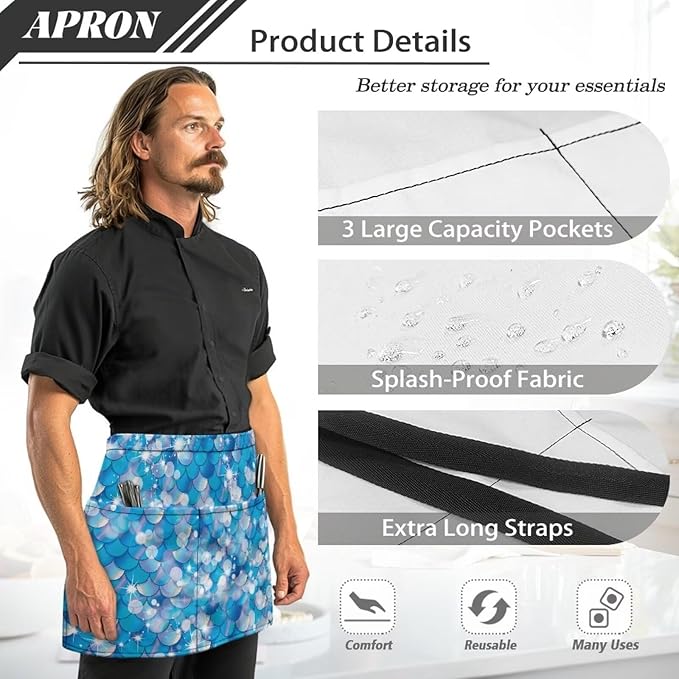 Server Waitress Waist Apron with 3 Pockets, Short Aprons for Servers,Waiter Apron For Waiter Accessories