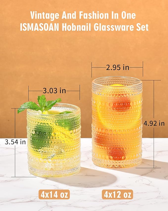 Vintage Hobnail Drinking Glasses Set of 8, Cocktail Glasses 14 oz and 12 oz, Cups for Kitchen, Beaded Glassware, Highball Glasses for Whiskey, Juice, Water, Beer