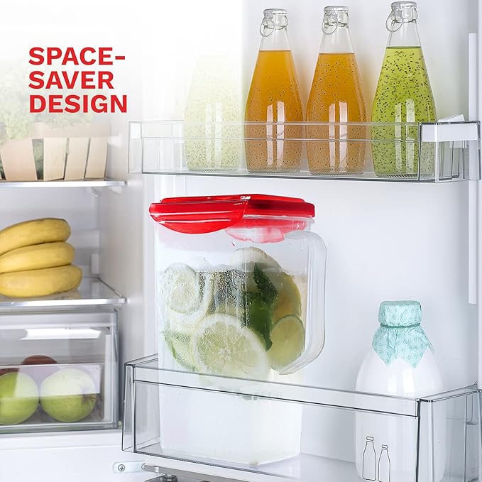 Pitcher 50 Oz. | Plastic Pitcher with Lid | Jug for Fridge | Juice Container with Lid | Iced Tea Pitcher | Airtight Pitcher with Spout Perfect for Lemonade, Water. BPA Free, Red (Small))