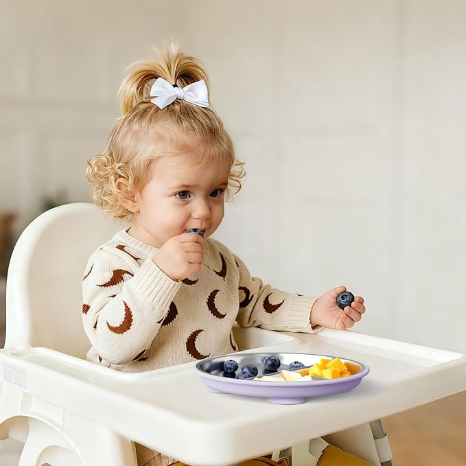 Stainless Steel Suction Plates for Toddlers, 8" Divided Kids Baby Plates with Removable Silicone Suction, Non Toxic Non Slip Portion Control Snack Dishes 3 Packs, Pink Beige Lilac