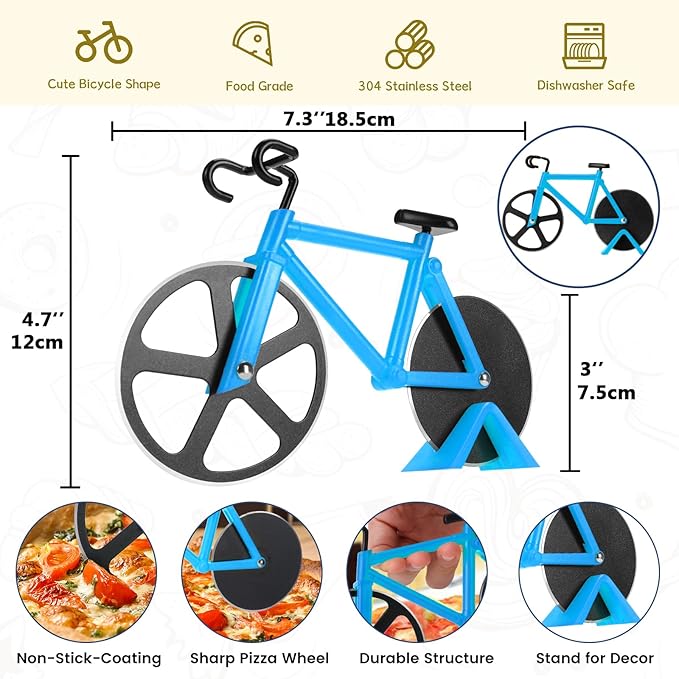 Bicycle Pizza Cutter Wheel - Gifts for Cyclists, Men, Dad, Bike Lovers - Funny Kitchen Gadgets - Cool Father’s Day, Christmas, Birthday, White Elephant Gifts - Stainless Steel Pizza Slicer(Blue)