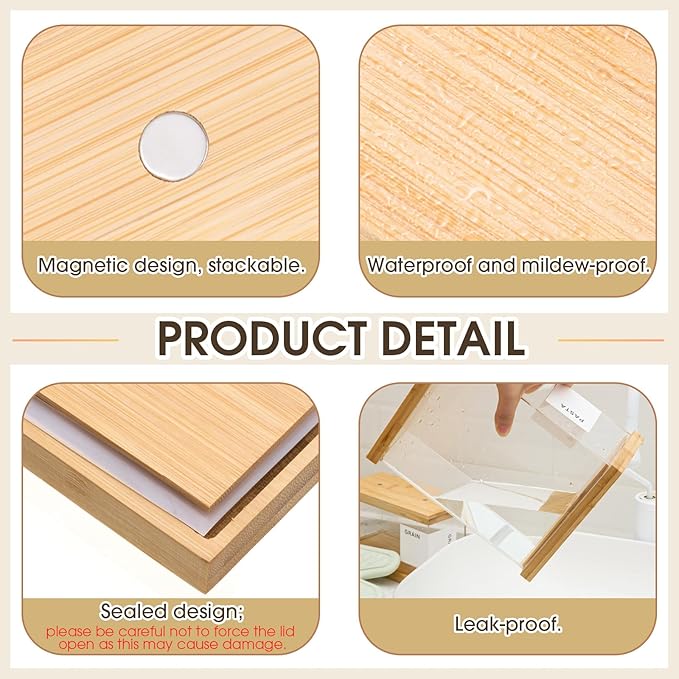 2 Pcs 4L Bamboo Food Dispenser Kitchen Organizers and Storage with Labels Airtight Pantry Organizers and Storage Container with Measuring Cups for Cereal, Rice, Flour, Sugar, Snack