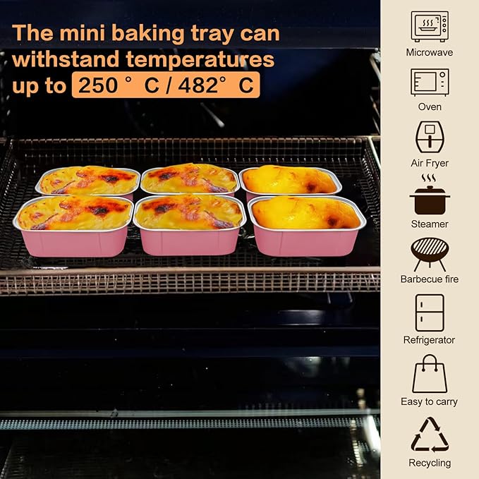Mini Cake Pans With Lids And Spoons,5.5 oz Rectangle Mini individual Loaf Pans Disposable Aluminum Foil Small Baking Cups Tins (200, Pink)