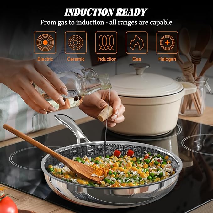 Hybrid Ceramic Nonstick Frying Pan 10", 3-Ply Stainless Steel Skillet, 2-Layer Coating, PFAS & PTFE Free Non Stick Frying Pan, 9H Hardness, Dishwasher Safe, Induction Compatible-Dark Gray