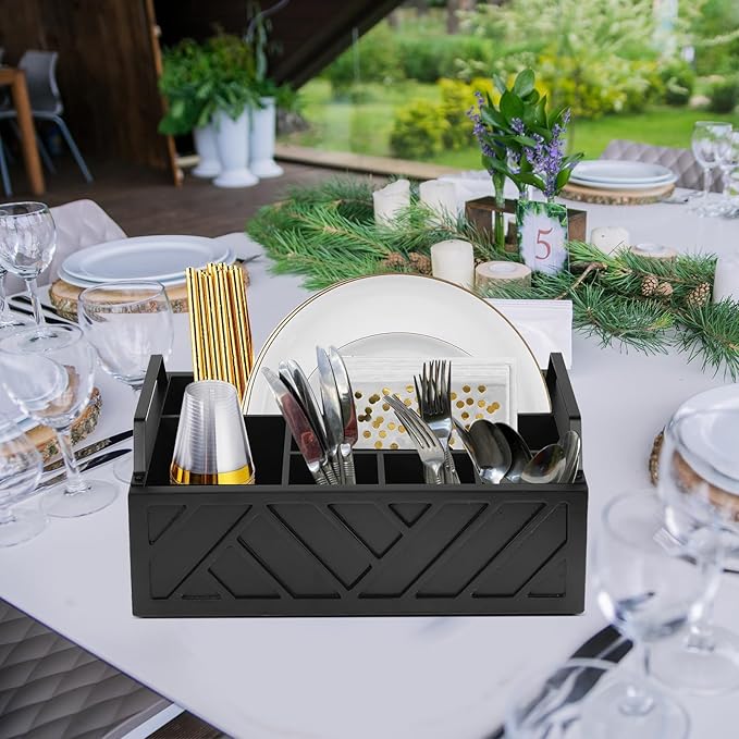 Paper Plate Dispenser and Holder for Kitchen Counter, Wood Rustic Silverware Utensil Caddy, Cutlery Flatware Organizer Box for Cups Spoons Forks Napkins, Kitchen Accessories