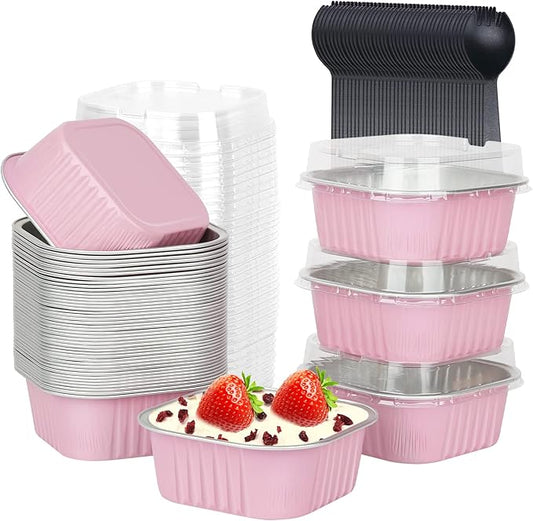 LNYZQUS 10oz Mini Cake Pans With Lids 40 Pack, Aluminum Foil Square Brownie Baking Cups,Disposable 4”x4” Large Cupcake Pan,Jumbo Muffin Tin Ramekins Holders-Pink