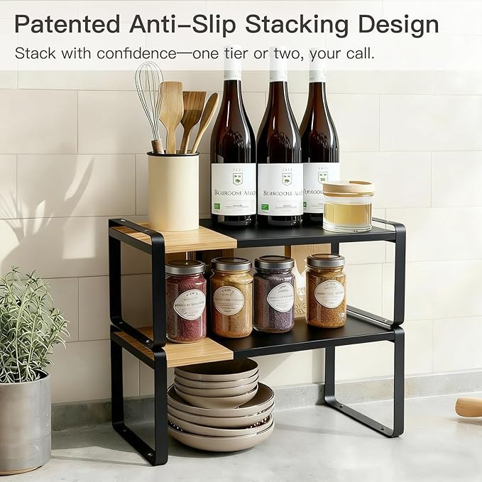 Expandable Kitchen Counter Shelf Organizer, Black Coffee Bar Accessories & Station Decor, Industrial Cabinet Riser with [Secure Interlocking Design], Heavy Duty Metal Rack for Mugs (Bamboo/Black)