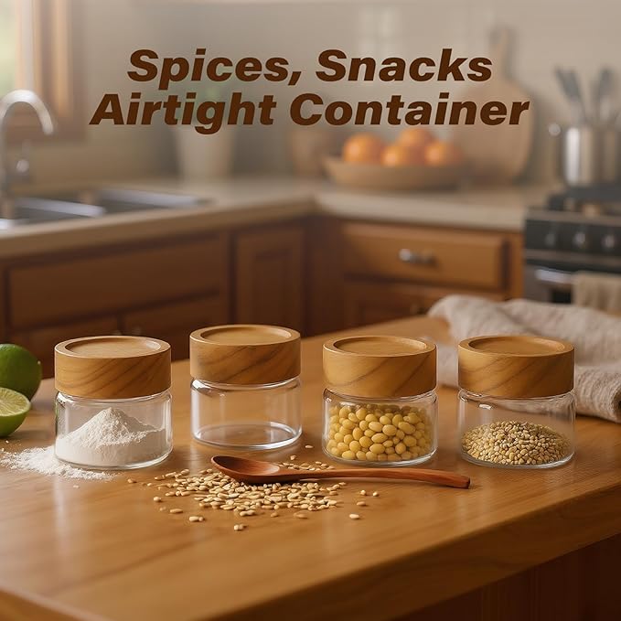 6-Pack 4 fl oz Stackable Airtight Glass Canisters with Acacia Lids - Small Mason Jars for Overnight Oats, Spice Storage, Herb Keepers, Pantry Organization and Dry Food Storage
