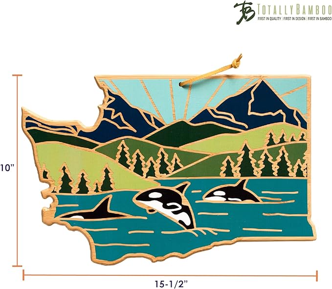 Totally Bamboo Washington State Shaped Cutting Board and Charcuterie Serving Platter with Artwork by Summer Stokes, Includes Hang Tie for Wall Display Varies