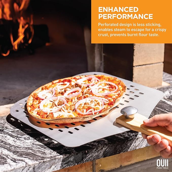 Perforated Pizza Peel 12 x 14 Inch. Paddle Spatula with Foldable Handle - Pizza Cutter Rocker 14'' Blade. Pizza Stone Oven Accessories and Chopper Knife Tools