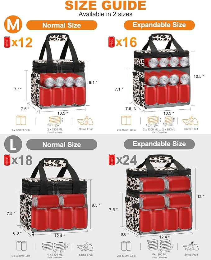 Lunch Box For Men Women Double Deck Insulated Lunch Bag For Men Woman Leakproof Expandable Cooler Bag with Adjustable Shoulder Strap for Work Picnic School(Leopard,Medium)