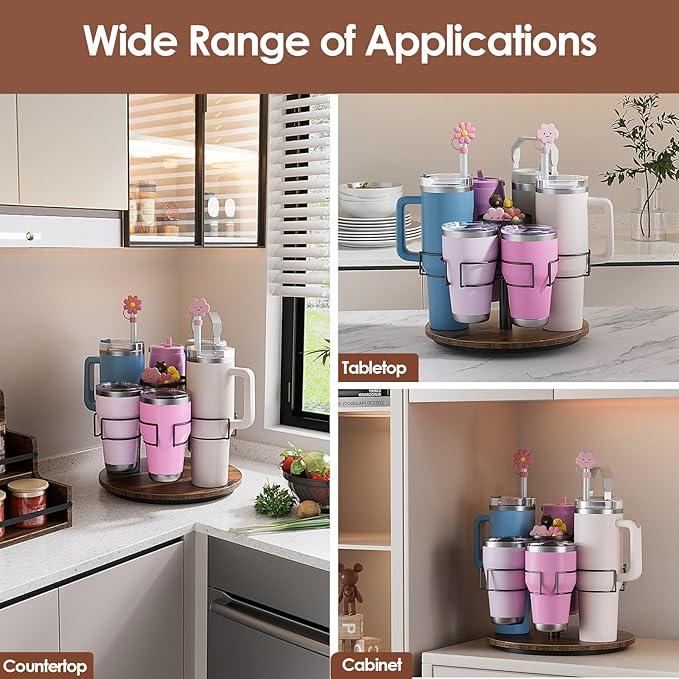 Water Bottle Organizer for 20/30/40oz Stanley & Other Large Tumbler, 6 Slots Stanely Cup Organizer with Straw Sleeve, Cup Bottle Holder for Cabinet Home Countertop Pantry Shelf, Vintage Brown