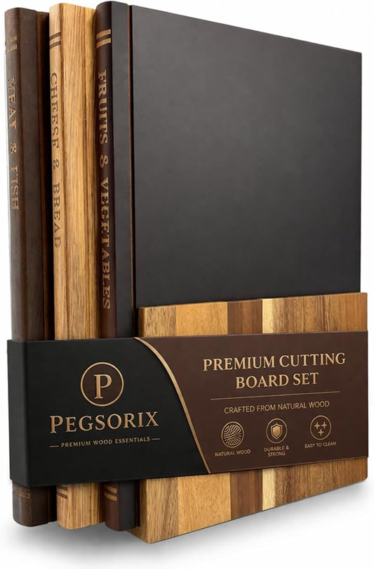 The Cutting Board Library™ (Original Design) | Decorative Kitchen Board Collection Bundle with Display Stand | Premium Acacia Wood | Stabilized Non-Slip Base