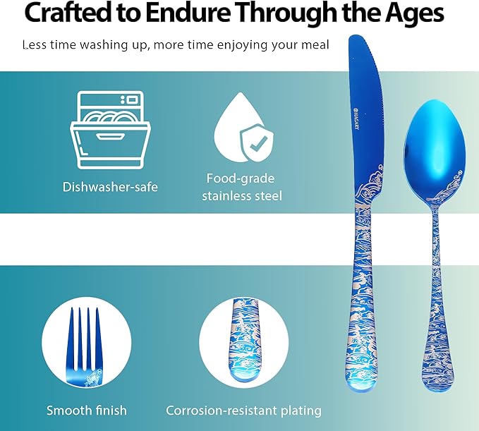 Wave Cutlery Set 20 Pieces Stainless Steel Flatware Set Service for 4 Utensils For Home Kitchen Wedding Laser Engraved Dishwasher Safe (All Blue)