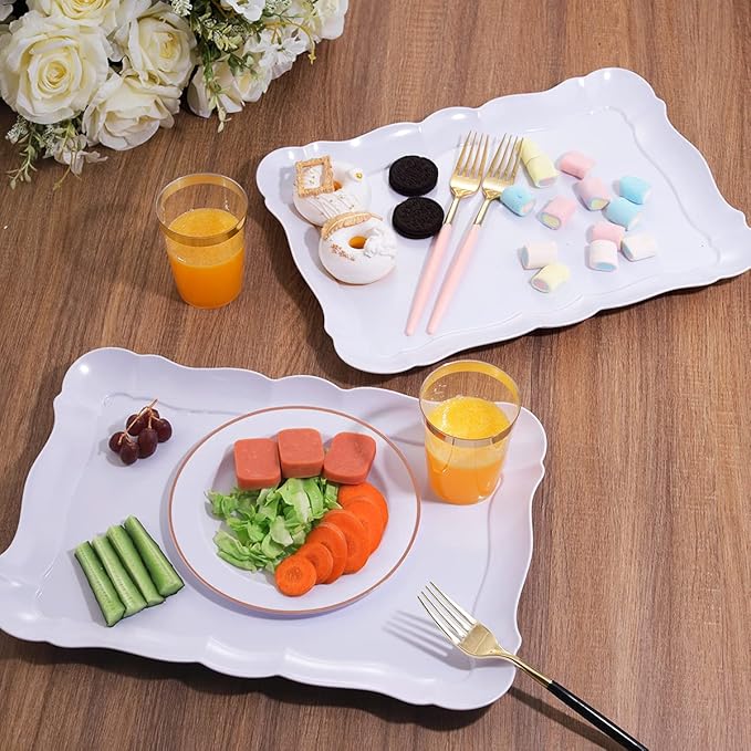 BBG 6 Pack Appetizer Serving Tray, Rectangle White Plastic Serving Platters, 15" x 10" Heavy Duty Serving Platters, Reusable Trays Perfect for Wedding, Parties & Buffet,Spring