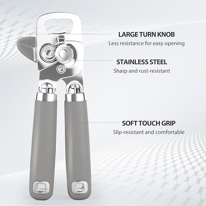 Can Opener Manual, Heavy Duty Stainless Steel Smooth Edge Can Opener With Soft Touch Handle, Oversized Handheld Easy Turn Knob, Multi-Function Bottle Opener, Gray