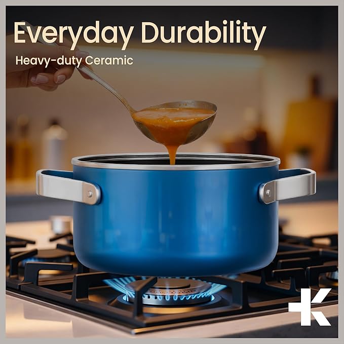Bakken 3 Quart Ceramic Coated Stock Pot with Lid, Easy to Clean Nonstick Pot, Tempered Glass Lid, Riveted Stainless Steel Handles, Oven Safe Up To 500°F, PTFE & PFAS Free, All Stove Compatible, Blue