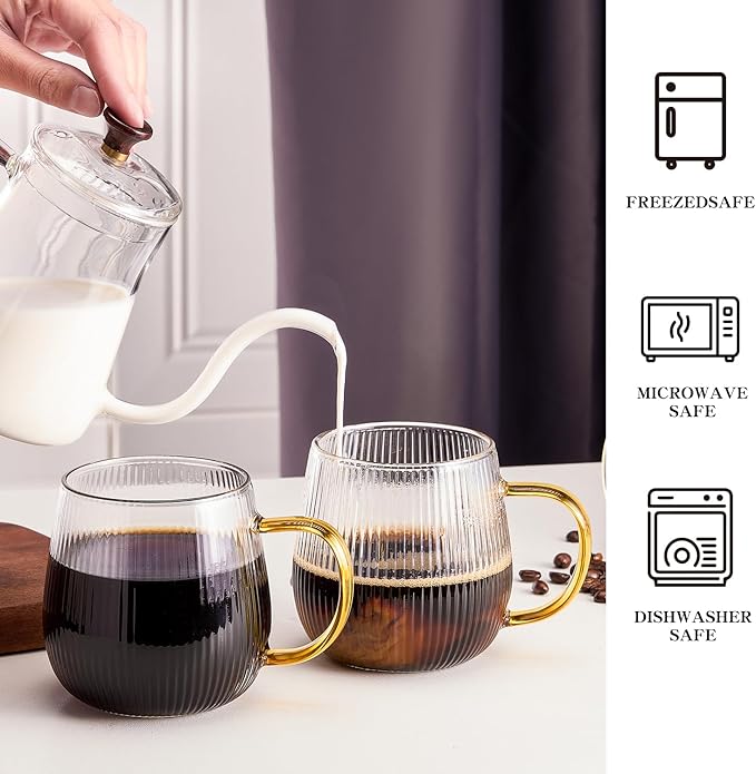 GLASKEY Borosilicate Glass Coffee Mugs Set of 2,12oz Glass Coffee Cups with Vertical Stripes Pattern,Clear Tea Cup for Tea,Coffee,Latte,Hot and Cold Beverage,Christmas Thanksgiving Gifts
