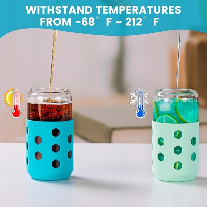 16 oz Glass Cups With Lids and Straws, 4-Pack Iced Coffee Cup - Smoothie Cup With Silicone Lid and Sleeve for Coffee Bar Accessory, Cute Drinking Glasses Set Reusable Glass Tumbler for Gifts