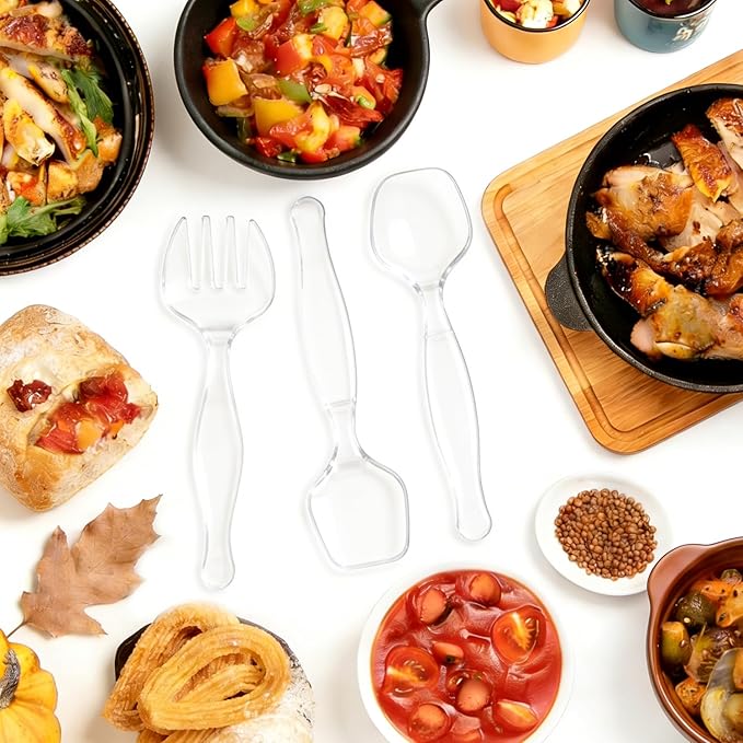 36Pcs Clear Plastic Serving Utensils Disposable Serving Spoons Forks Tongs for Party Utensils Supplies for Dinner Parties Buffets Salad Noodles Soup and Weddings (Clear)
