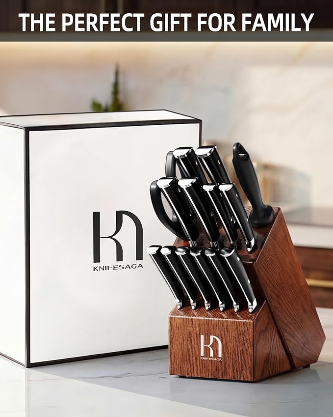 Knife Set, 15 Pcs Kitchen Knife Block Set, Enduring Razor-Sharp High Carbon Stainless Steel Chef Knife Set with Block and Sharpener, Premium Knives Set for Kitchen, Ash Wood Valentine's Gift