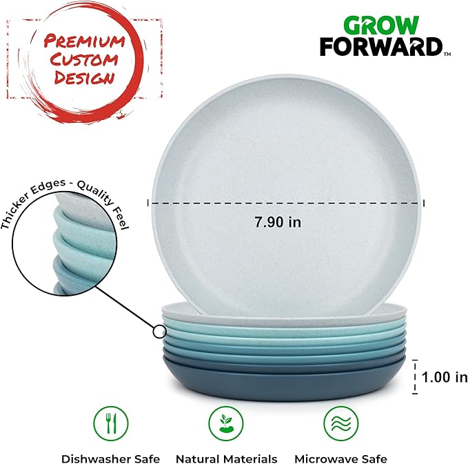 Grow Forward Premium Wheat Straw Plates - 8 Inch Reusable Hard Plastic Dinner Plates Set of 8 - Unbreakable Microwave Safe Plates for Dessert, Camping, RV, Outdoors, Patio, Kitchen Dishes - Seascape