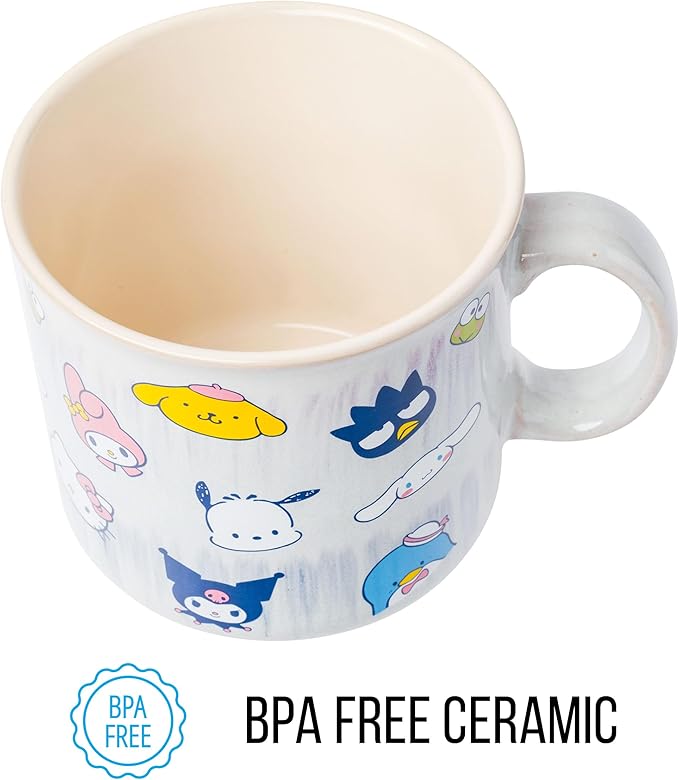 Silver Buffalo Sanrio Hello Kitty and Friends Featuring My Melody, Badtz-Maru, Pochacco, Keroppi, Pompompurin, Cinnamoroll, Kuromi, and Tuxedo Sam Reactive Glaze Ceramic Camper Mug, 20 Ounces