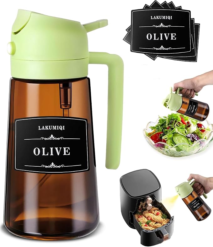 2 in 1 Oil Sprayer for Cooking, 16oz Olive Oil Dispenser Bottle for Kitchen, Food Grade Light-Blocking Leak Proof Glass Spray Bottle for Salad, Air Fryer, BBQ