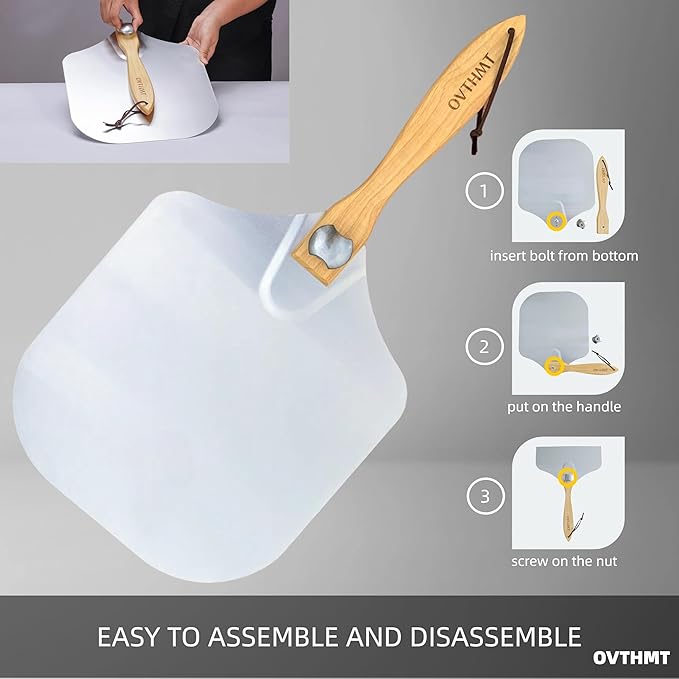 Pizza Oven Accessories 4 PCS, Pizza Kit, Aluminum Pizza Paddle with Foldable Wood Handle, Pizza Cutter, Rocker Blade, Cutter Wheel, Pizza Server, Pizza Peel Set, Pizza Tools