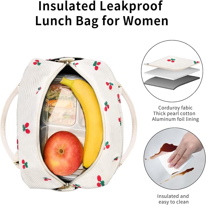 Lunch Box for Women Insulated Lunch Bag Women Adult Cute Lunch Bags Reusable Lunchbox Cooler Tote Bag for Work Picnic (Beige-Cherry)