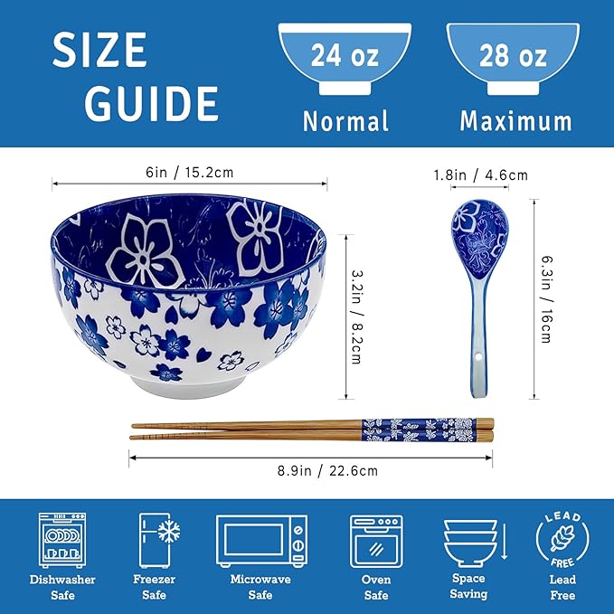 28 Oz Ceramic Ramen Noodle Pho Bowl Set with Chopsticks and Spoon Microwave & Dishwasher Safe, Japanese Style, Ideal Gift for Ramen Lovers & Solo Dining