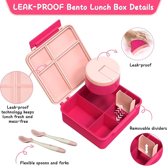 Bento Lunch Box Kids with 8oz Soup Thermo, Leak-Proof Lunch Containers with 4 Compartment, Thermo Hot Food Jar and Insulated Lunch Box for School Pink