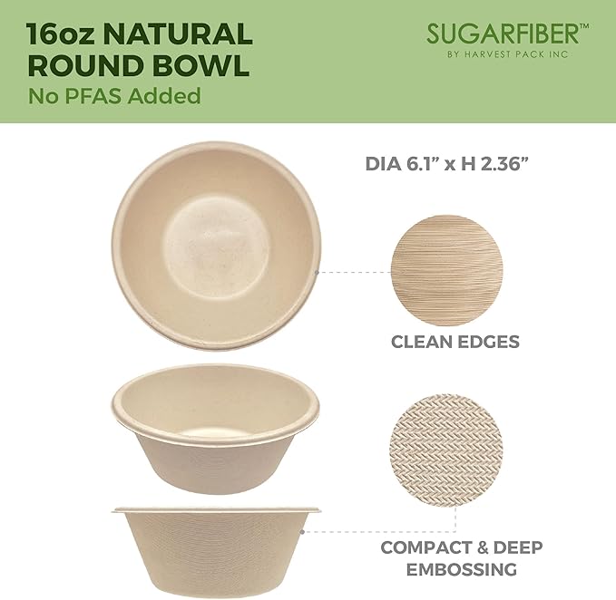 [500 Count]Harvest Pack 16oz PFAS FREE Round Compostable Bowls Bulk, Paper Heavy-Duty Eco-Friendly Disposable Bagasse Acai Bowls, Sugarcane Natural plant fibers for Meal Prep Takeout Dinnerware