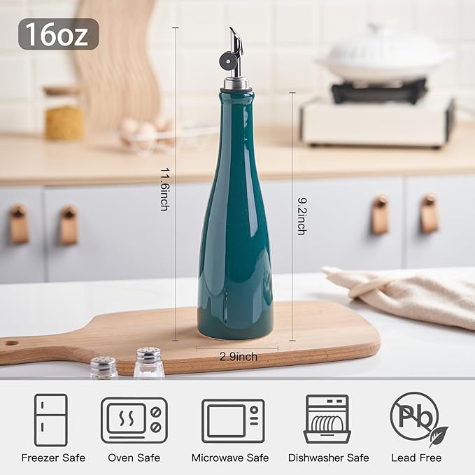 YOLIFE Olive Oil Dispenser Bottle, 16oz Ceramic Oil Dispenser for Kitchen, Oil Bottle with Gravity Spout, Leak Proof EVOO Dispensing Bottle with 2 Spouts and 1 Funnel for Vinegar, Juice(Green)