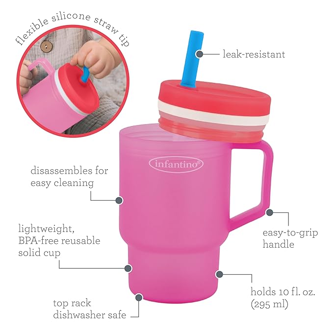 Infantino My 1st Tumbler, Durable Plastic Sippy Cup with Straw & Handle, Spill-Resistant, for On-The-Go, BPA-Free Transition Baby Cup, Raspberry Cream