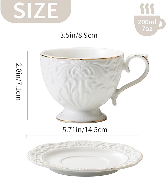 Cups and Saucers Tea Cups Set of 2, Ceramic Coffee Cups with Floral Embossed Design, 200ml (7 oz) Tea Cups and Saucers Porcelain Mugs for Birthday Party Cafe Home Gift