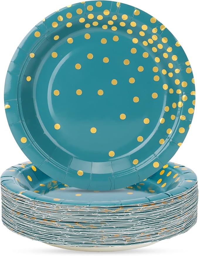 Blue Green and Gold Paper Plates,50pcs 7inch Gold Dot Party Dessert Plates,Disposable Foil Polka Dots Paper Plate for Father's Day,Independence Day,Birthday,Picnics