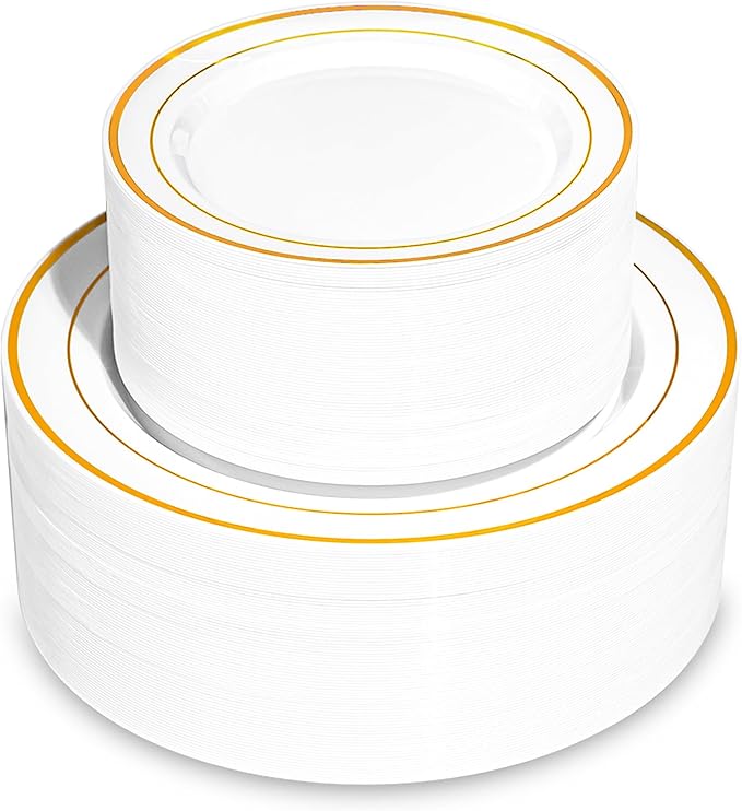 200PCS Gold Plastic Plates, Disposable Party Plates with Gold Rim, Include 100 Dinner Plate and 100 Elegant Dessert Plate for Party and Wedding