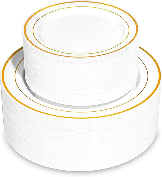 200PCS Gold Plastic Plates, Disposable Party Plates with Gold Rim, Include 100 Dinner Plate and 100 Elegant Dessert Plate for Party and Wedding