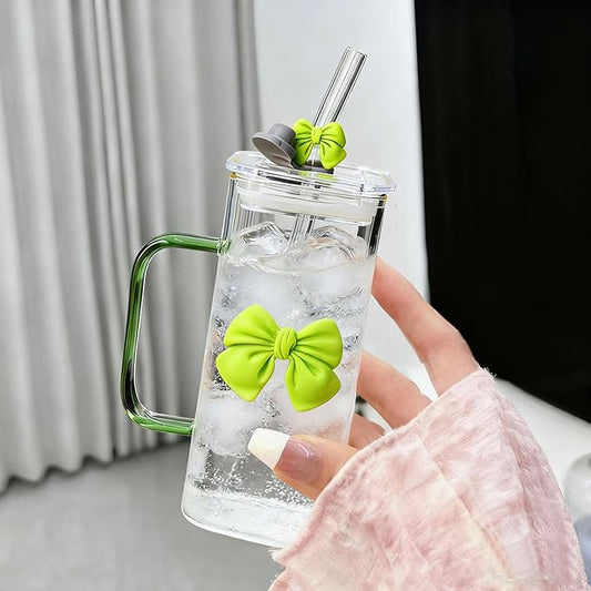 13Oz Square Glass Cups with Lids and Straws，Heat Resistant Glass Tumbler with Handle Bow Knot Transparent Drinking Glasses for Water,Juice,Iced Coffee,Milk,Tea (green)