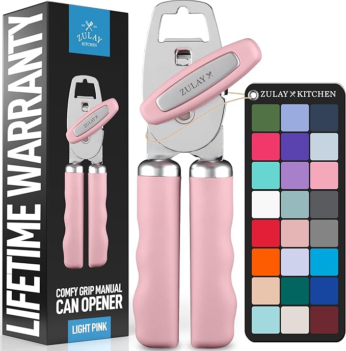 Zulay Kitchen Heavy Duty Stainless Steel Can Opener Manual with Bottle Opener - Rust Proof Manual Can Opener With Turn Knob & Comfy Soft Grip Handles - Light Pink